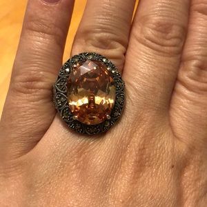 Vintage Morganite Marcasite Sterling Silver Statement Ring